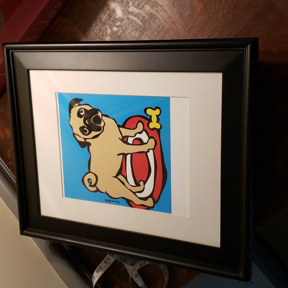 Framed mark tetro art print Pug on rug 14x17